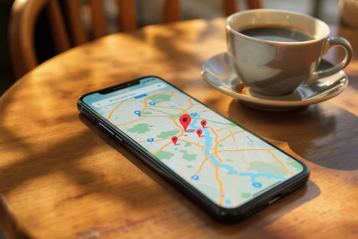 Téléphone avec carte et café Smartphone affichant une carte avec des épingles de localisation rouges à côté d'une tasse de café.