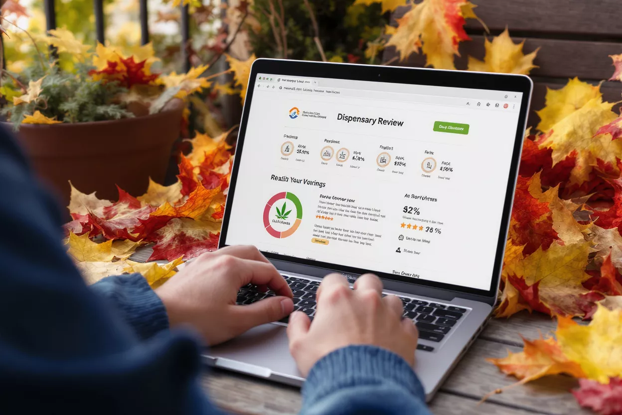Avis sur un dispensaire sur ordinateur portable Des mains tapant sur un ordinateur portable affichant un site d'avis sur un dispensaire, au milieu de feuilles d'automne.