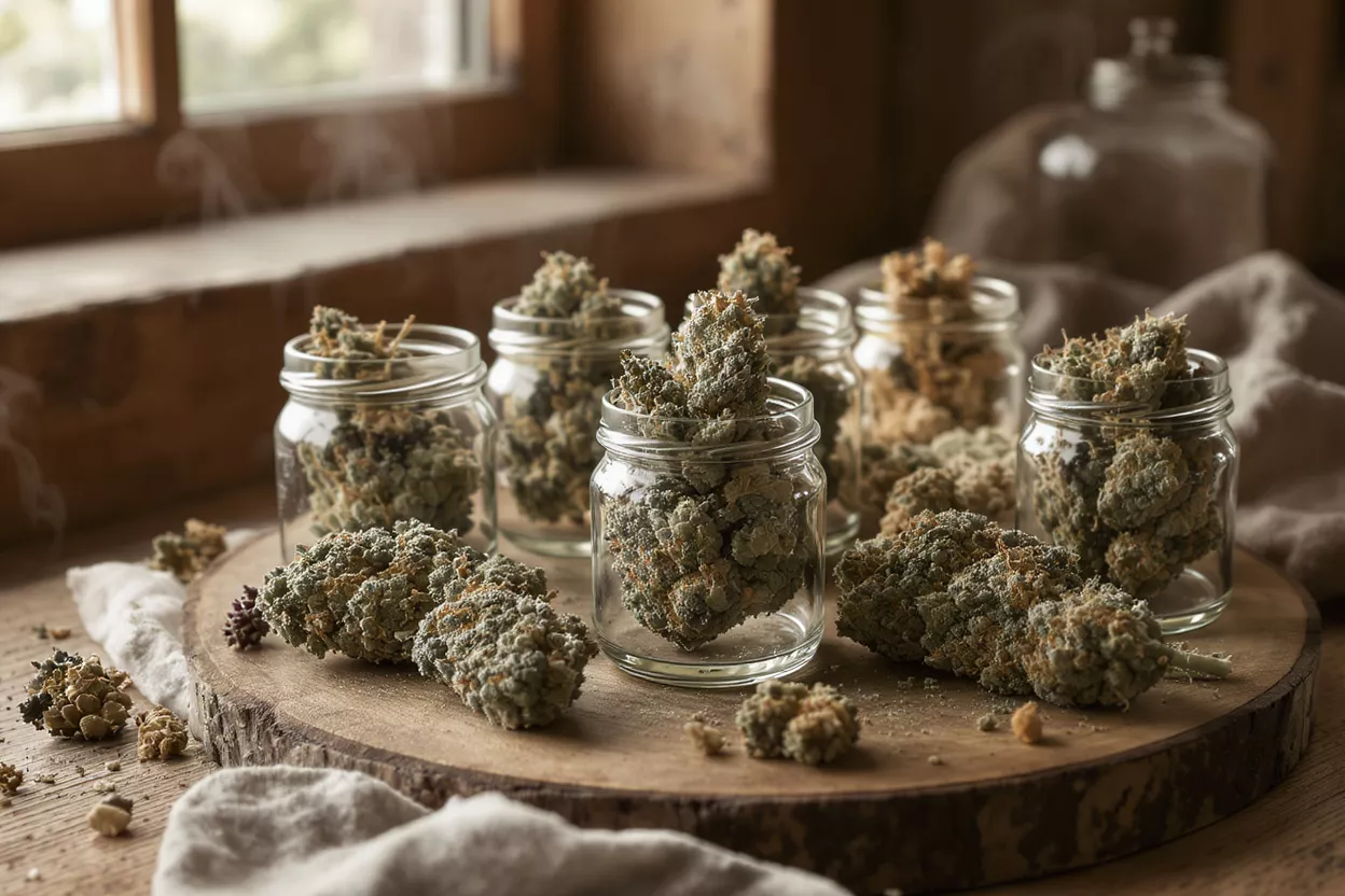 Boutons de cannabis premium en bocaux Boutons de cannabis séchés dans des bocaux en verre et sur un plateau en bois près d'une fenêtre.
