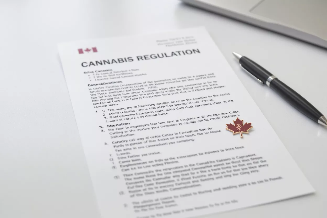 Document de réglementation du cannabis Document de réglementation du cannabis avec un stylo et une épingle en forme de feuille d'érable rouge.