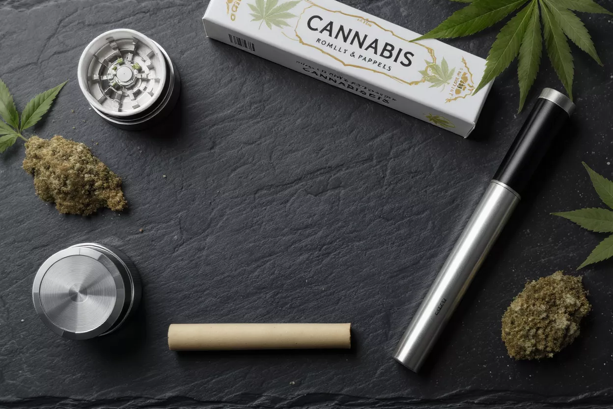 Broyeur à cannabis et accessoires pour vaporisateur Boîte à cannabis, broyeur, vaporisateur et cannabis moulu sur une surface sombre.
