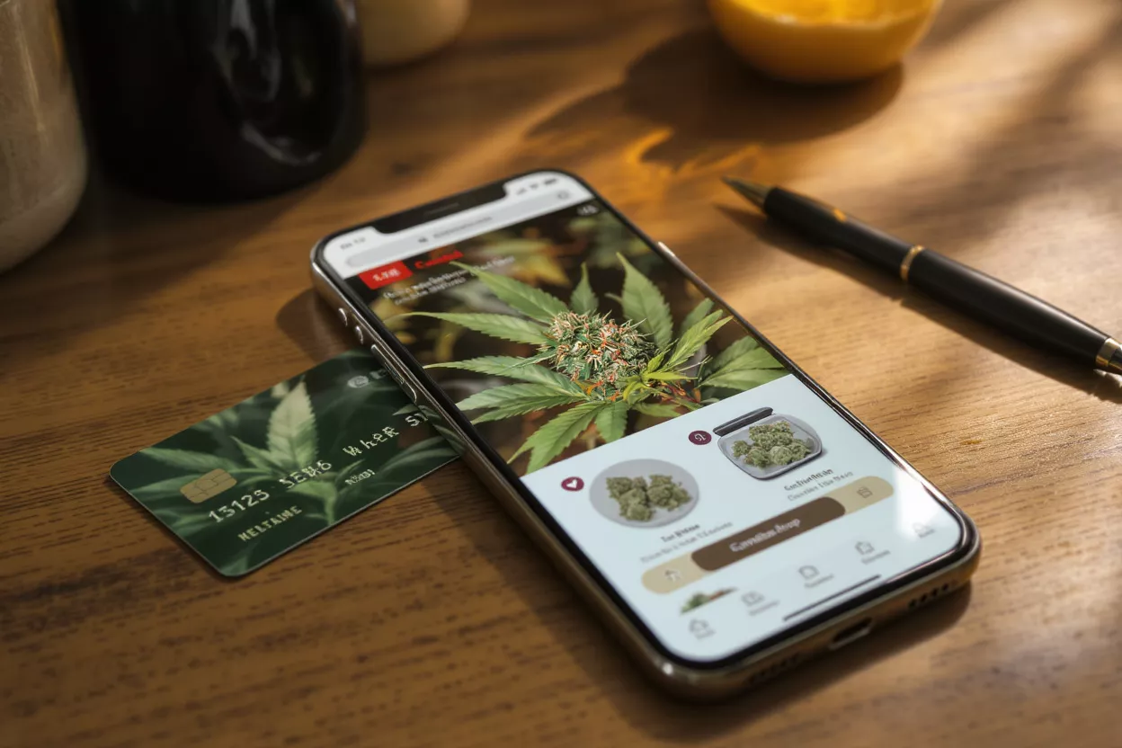 Smartphone displaying cannabis delivery app with credit card and pen on wooden table.
