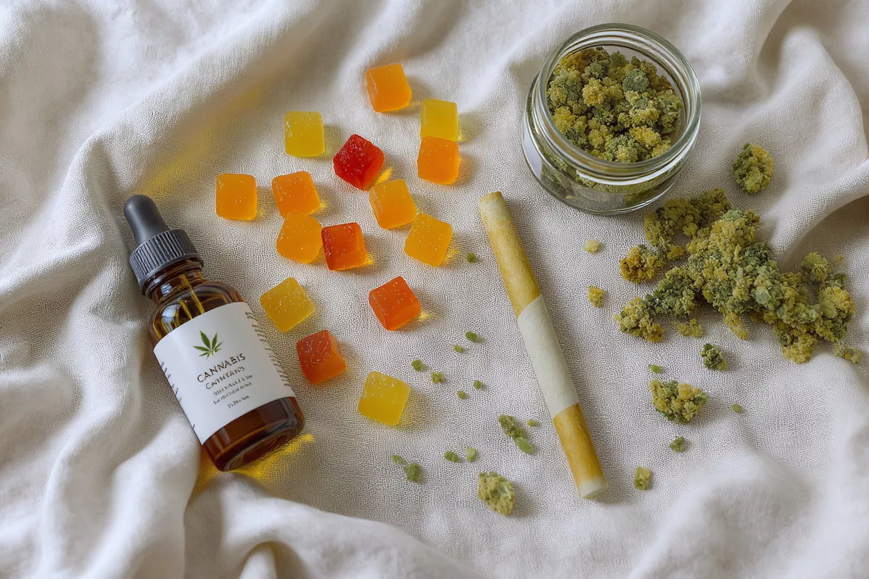 Cannabis oil, gummies, flower, and pre-roll on a white fabric background.