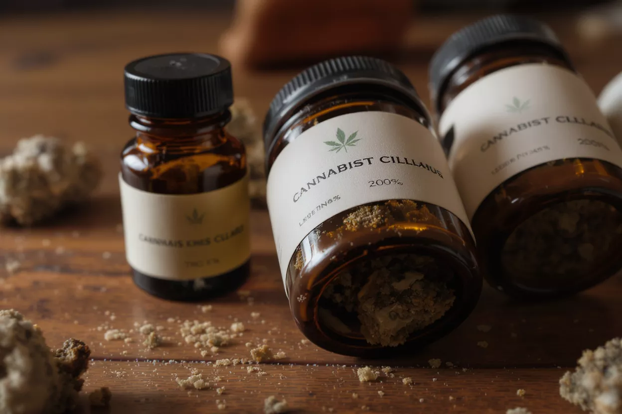Three amber jars of cannabis extract, one upright, two tilted, on a wooden surface.