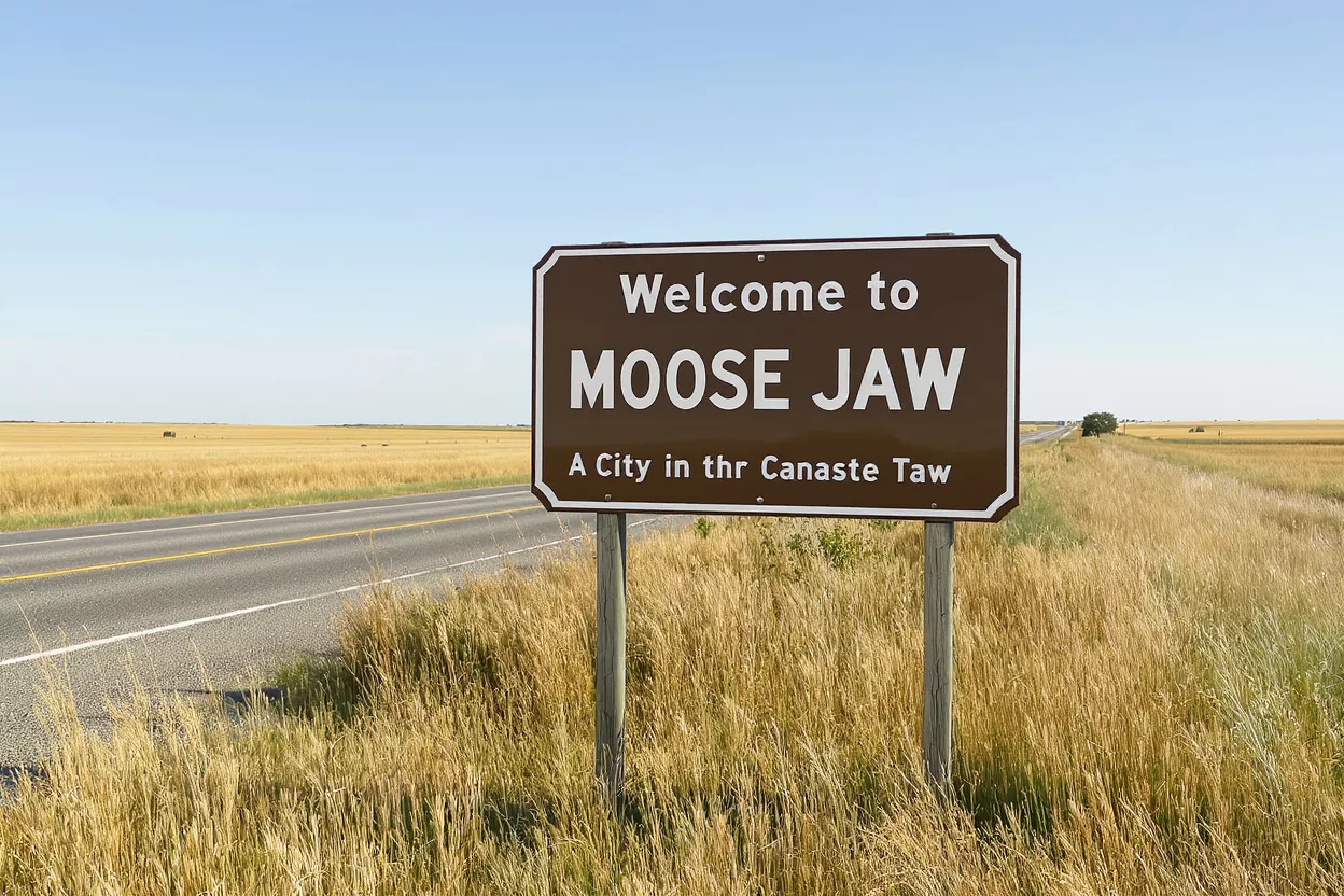Brown welcome sign for Moose Jaw, Saskatchewan, on a rural highway.