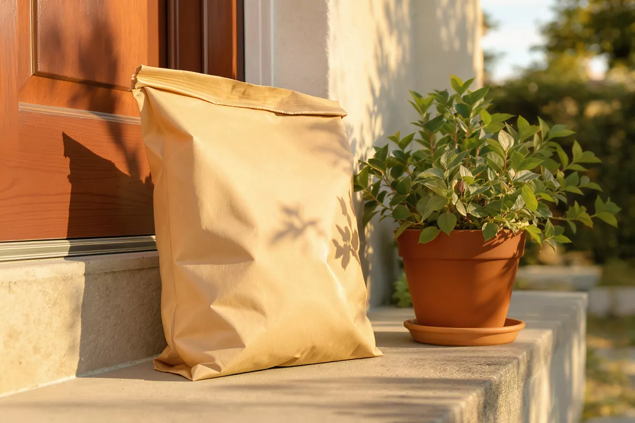 Package Delivery at Front Door Brown paper package on concrete porch next to a potted plant and wooden door.