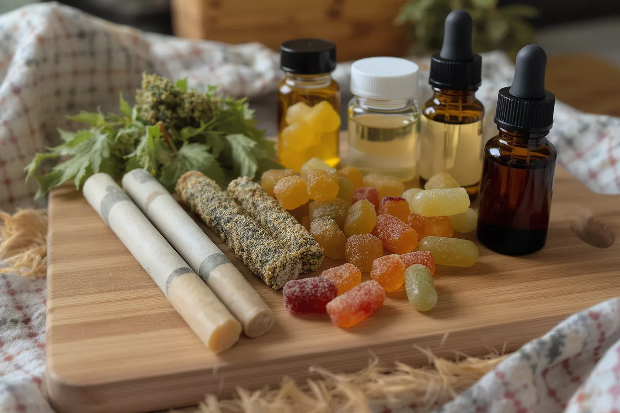 Assorted CBD Products CBD products including gummies, oils, pre-rolls, and plant material on a wooden board.