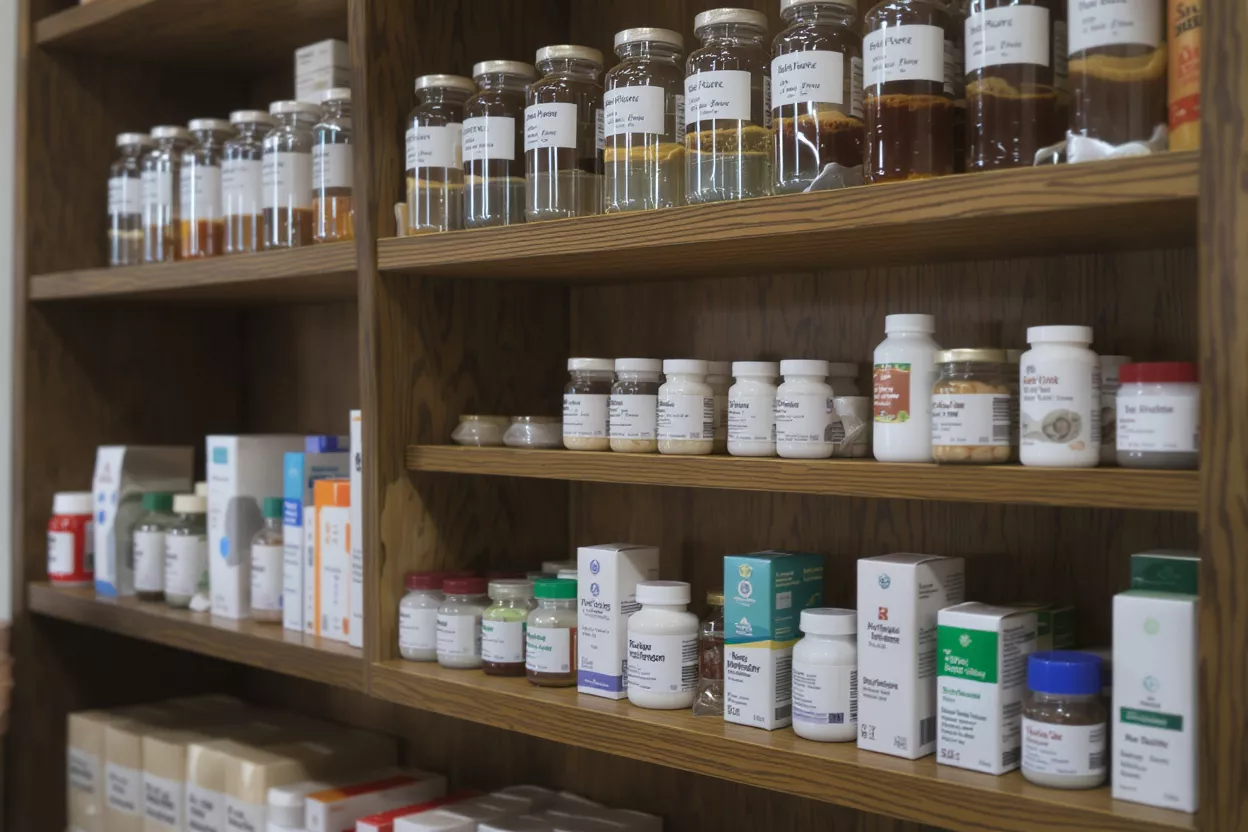 Pharmacy Shelves with Medications Wooden shelves filled with various medicine bottles, jars, and boxes in a pharmacy.