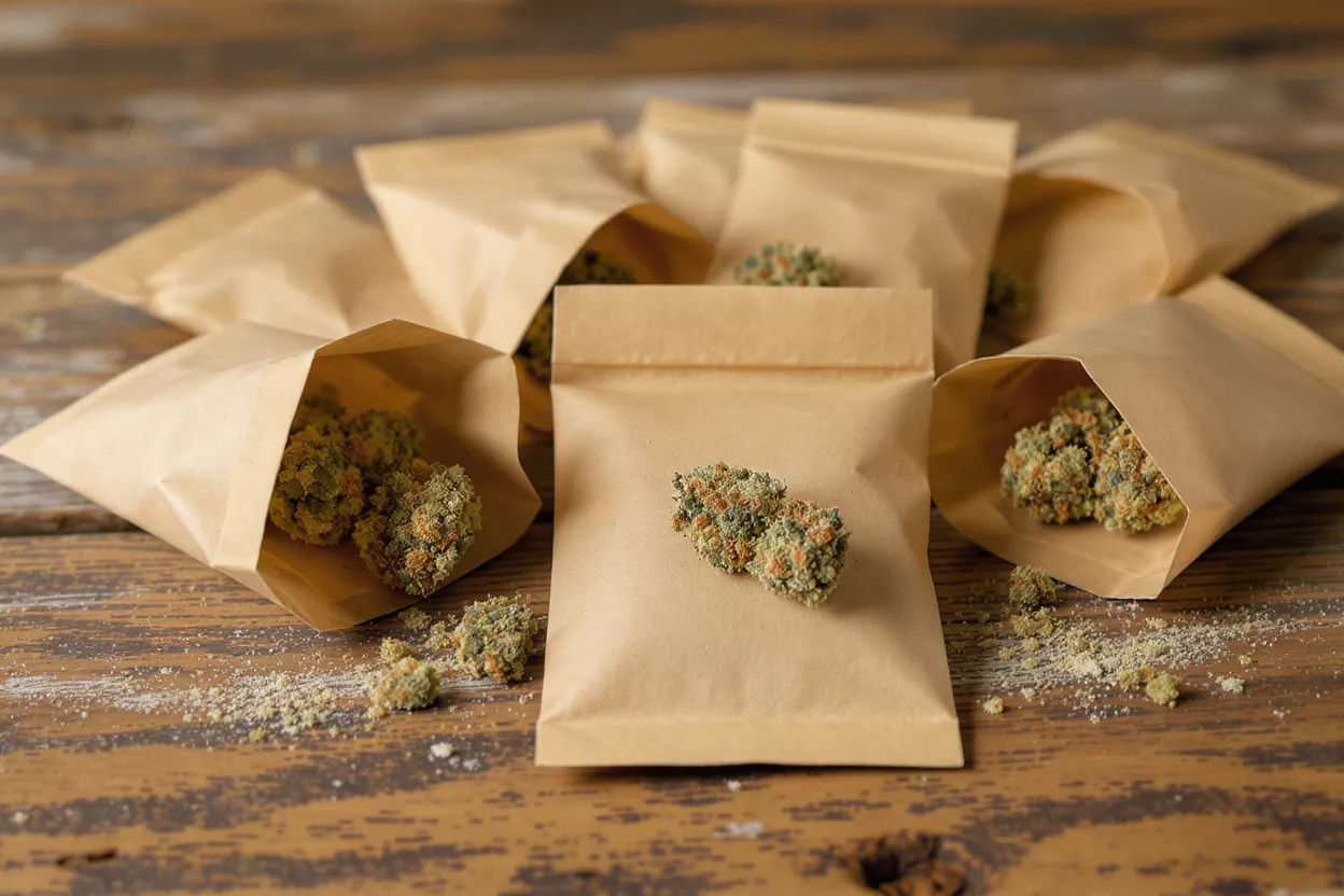 Cannabis Buds in Brown Bags Several brown paper bags filled with green and orange cannabis buds on a wooden table.