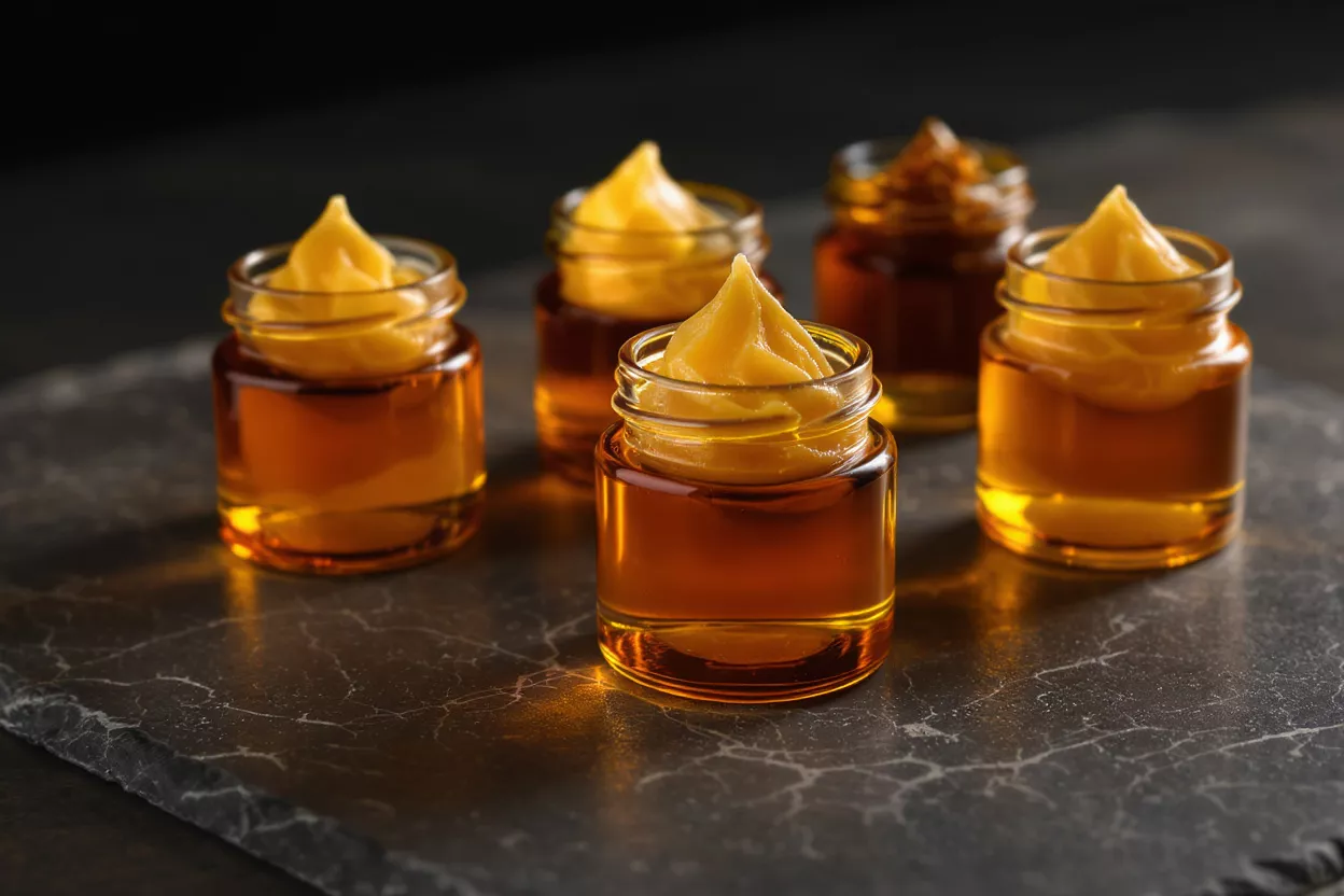 Honey Mustard Jars on Marble Five small glass jars filled with honey and topped with mustard on a marble slate.