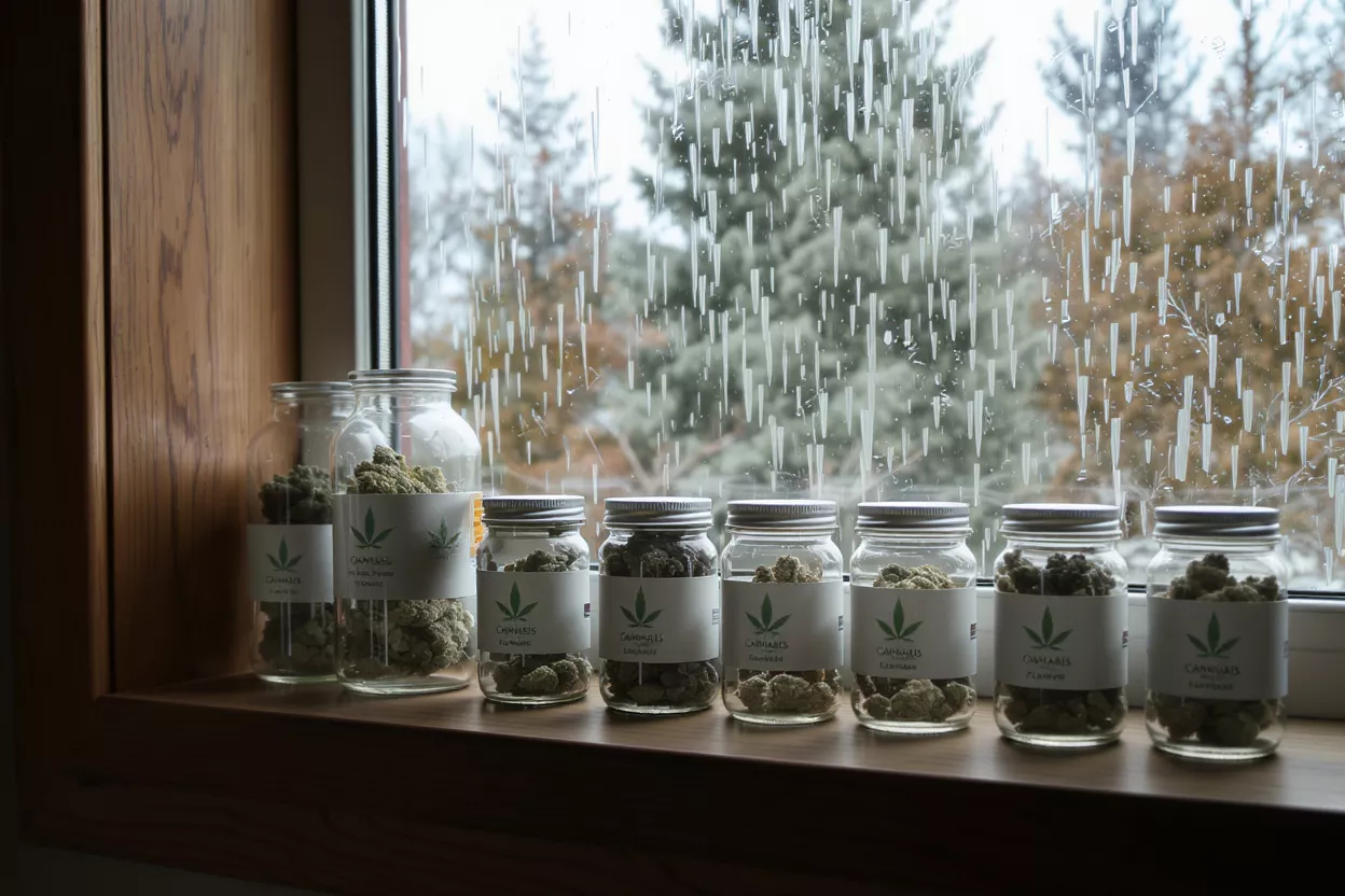 Several glass jars filled with cannabis buds line a windowsill, with a snowy outdoor scene.