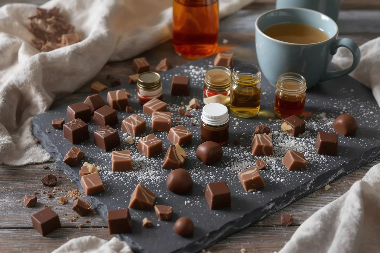 Assortment of chocolates, tea, and small bottles of liqueurs on a slate board.