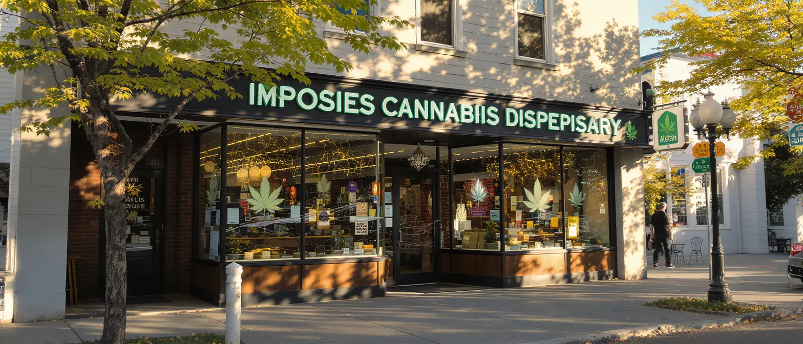 Exterior view of Imposies Cannabis Dispensary with green neon sign and leaf decals.