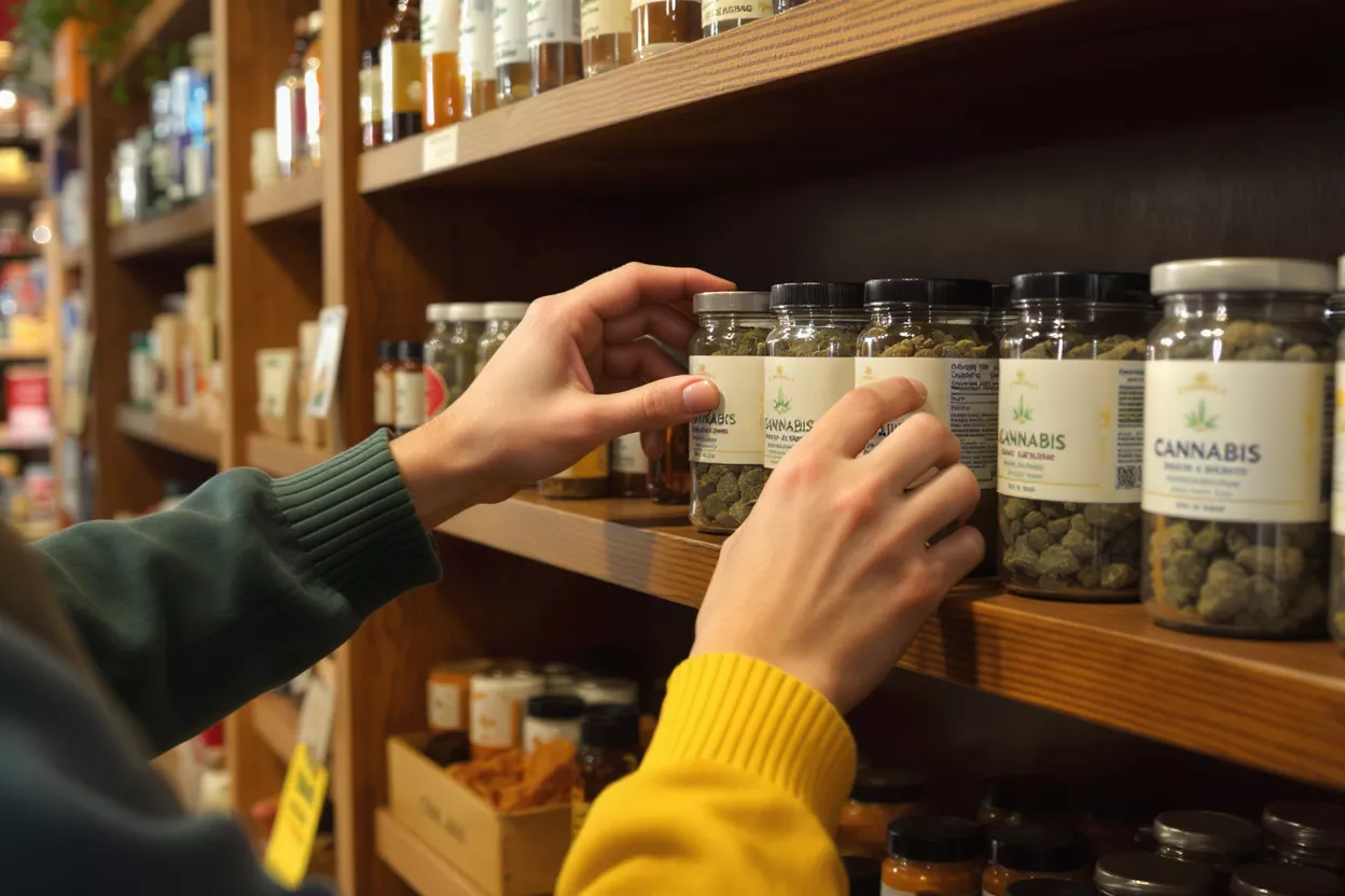 Hands reaching for jars of cannabis on a wooden shelf in a store.
