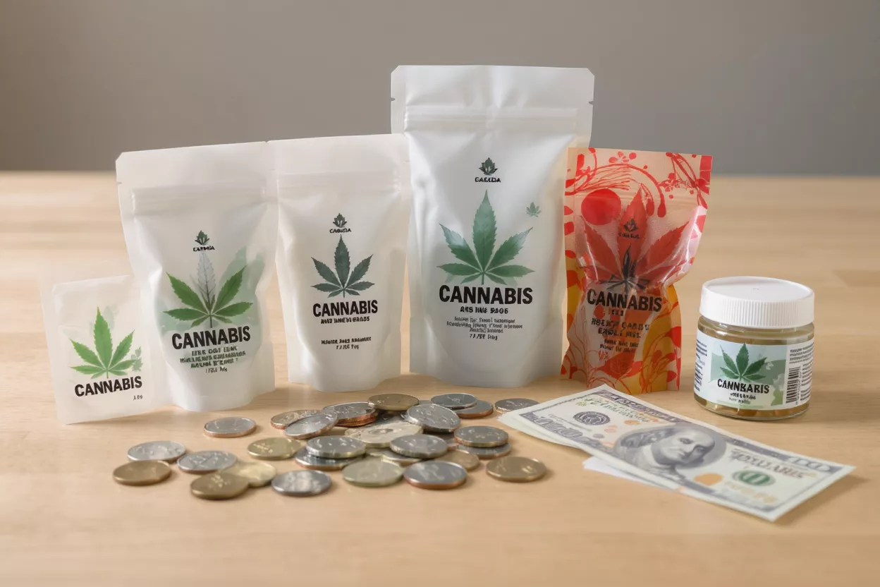 Various cannabis products in bags and a jar with coins and a hundred-dollar bill.