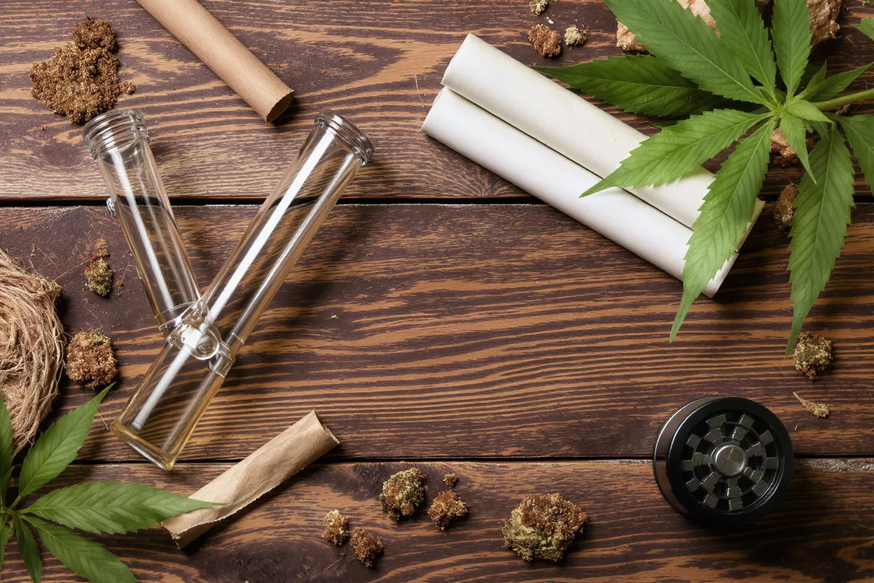 Cannabis leaves, buds, glass pipes, and rolling papers on a rustic wooden surface.