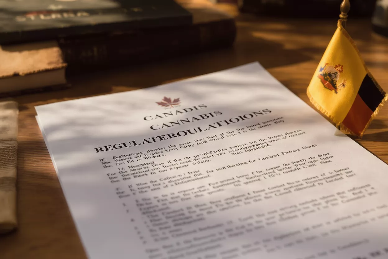 Close-up of a document titled 'Canadis Cannabis Regulateroulatioions' with a small flag.