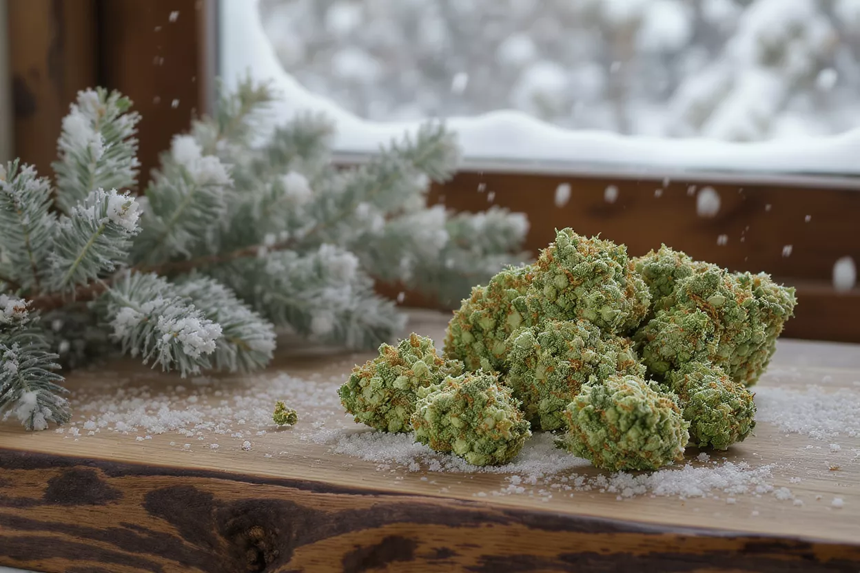 Green cannabis nugs on a wooden board with snow, pine branch, and snowy window.