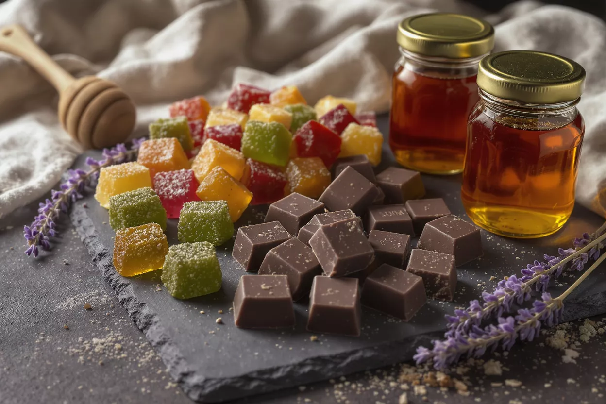 Colorful jellies, chocolate squares, honey jars, and lavender on a slate board.