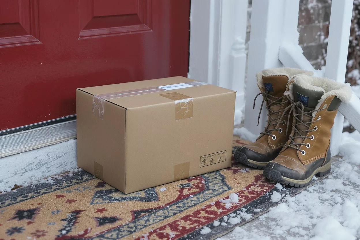 A package and winter boots on a snowy porch in front of a red door.
