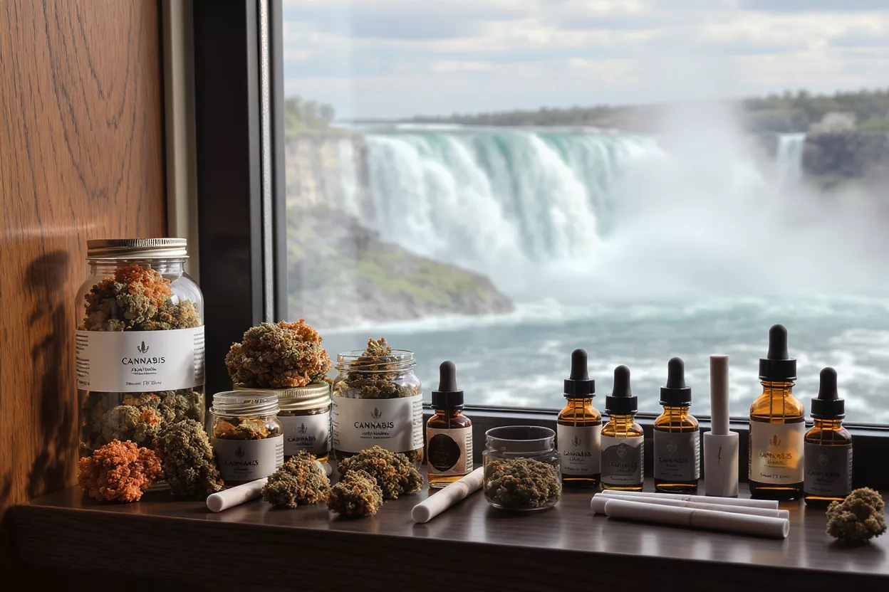 Cannabis Products by Niagara Falls Various cannabis products, including flower and oils, displayed with Niagara Falls in the background.