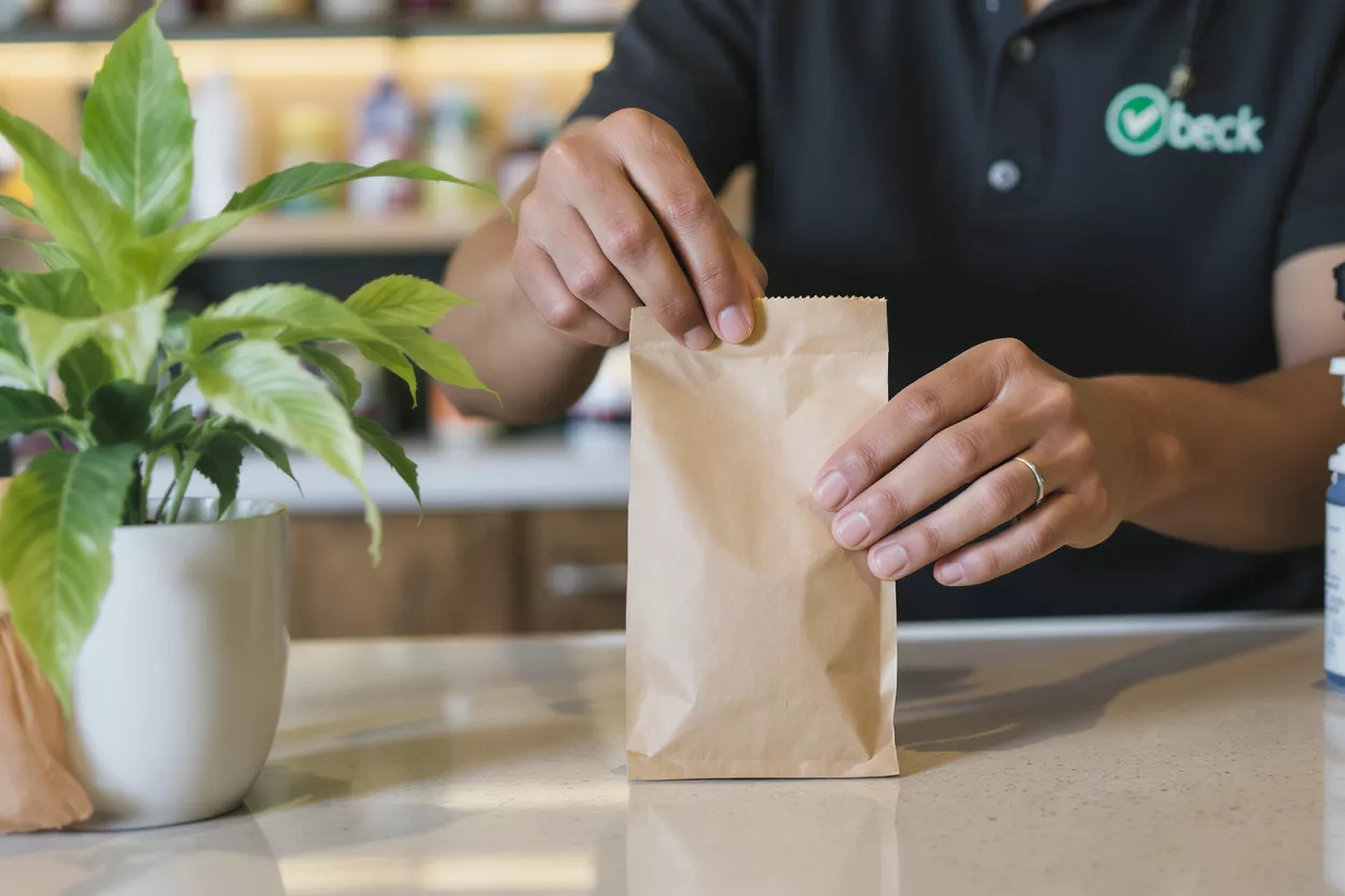 Person Holding Brown Paper Bag Close-up of hands holding a brown paper bag on a counter with a plant.