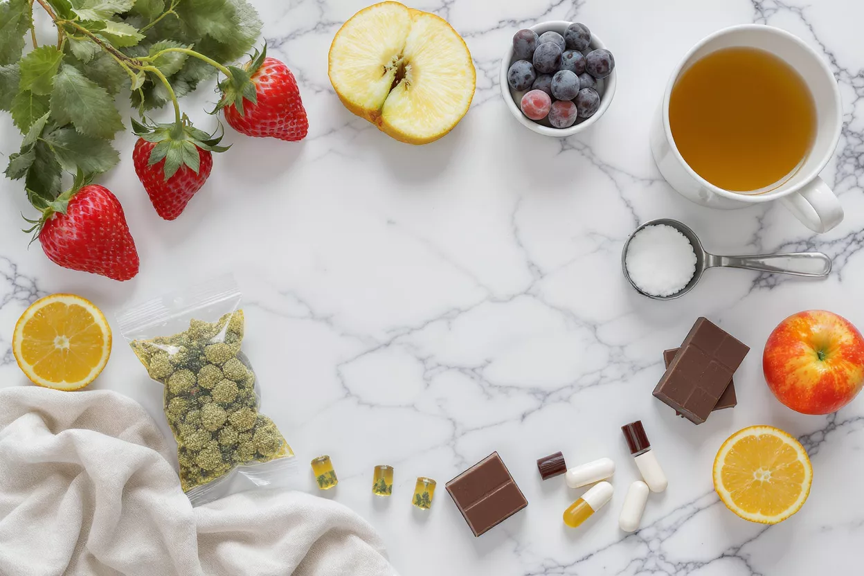 CBD Products, Fruits, and Tea CBD gummies, capsules, chocolate, fruits, and tea on a white marble surface.