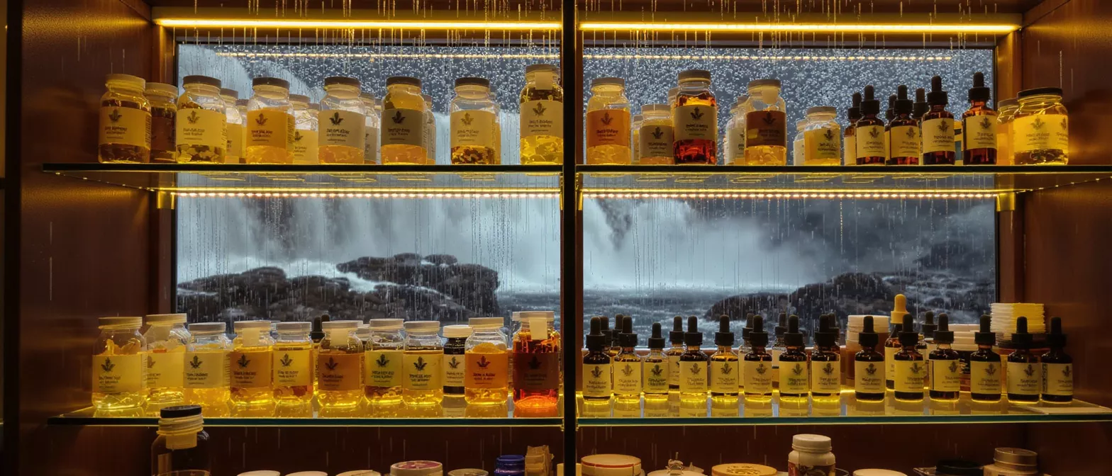 Glass bottles with liquids and droppers on shelves, illuminated against a waterfall backdrop.