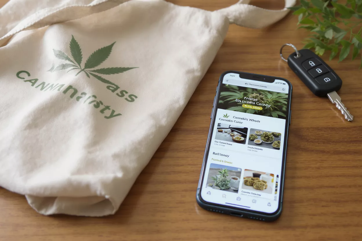 Smartphone displaying cannabis delivery app next to a branded tote bag and car keys.