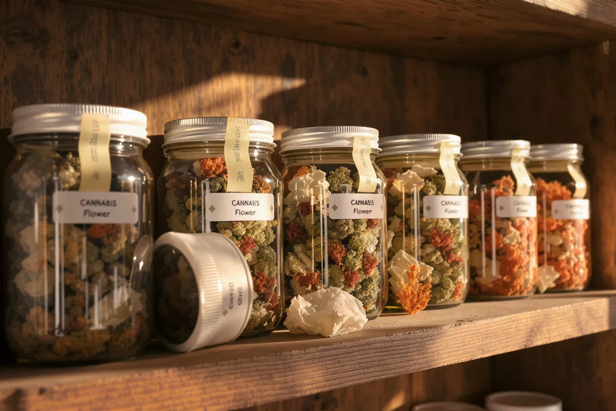 Six glass jars filled with cannabis flower on a rustic wooden shelf.