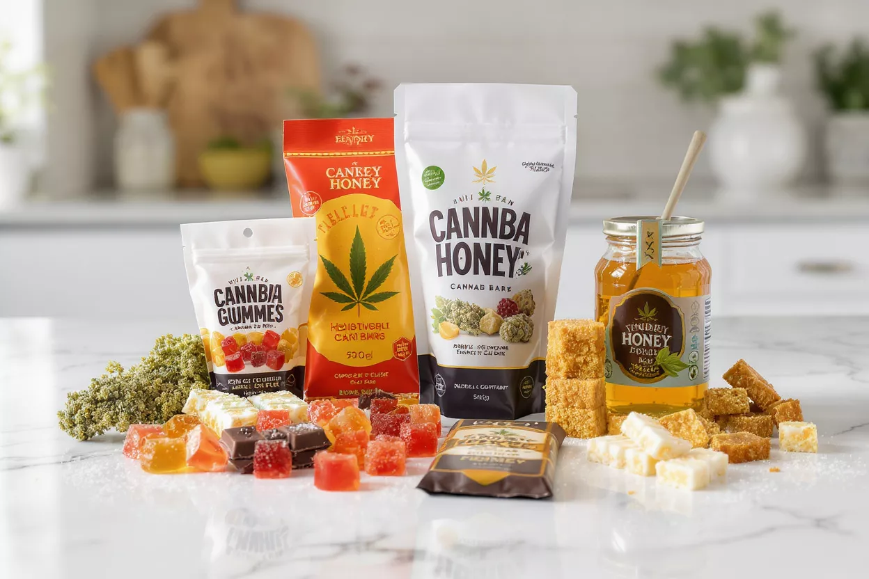 Assortment of cannabis-infused edibles including gummies, honey, and bars on a white counter.