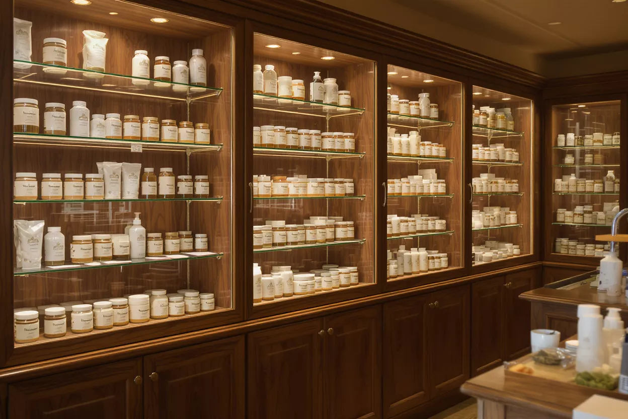 Traditional Apothecary Display Cabinets Wooden display cabinets filled with various white and amber jars and bottles.