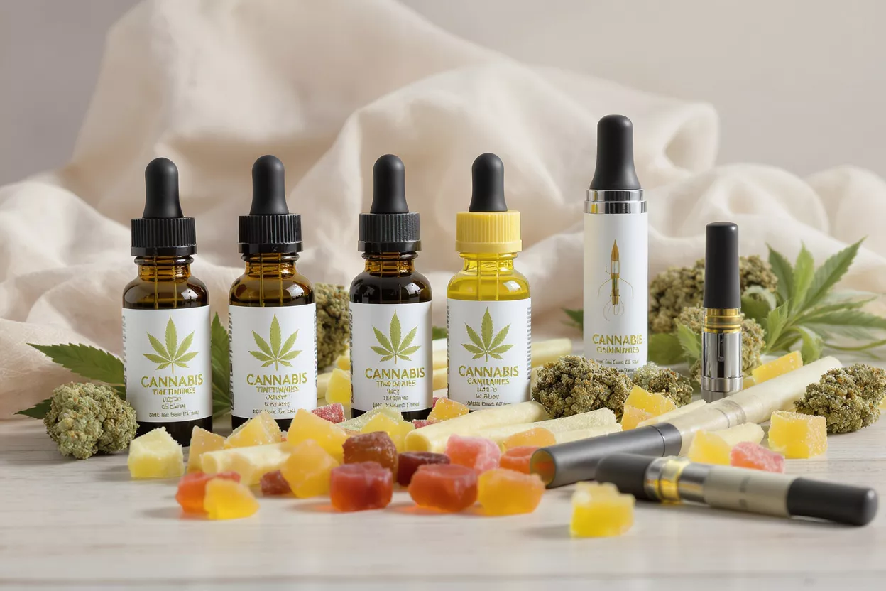 Cannabis Tinctures, Gummies, and Vape Cannabis tinctures, gummies, vape pens, and flower buds arranged on a light surface.