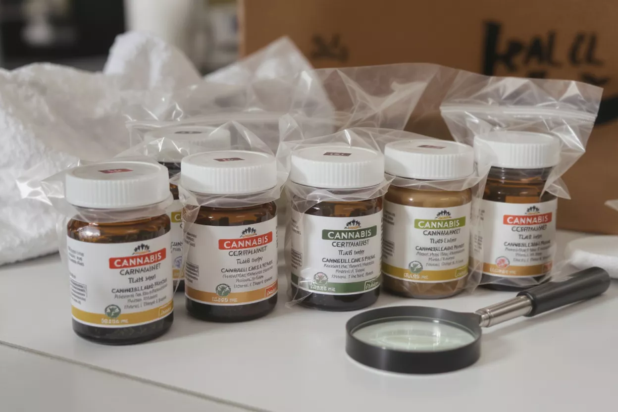 Cannabis Jars with Magnifying Glass Several cannabis jars with labels and a magnifying glass on a white surface.