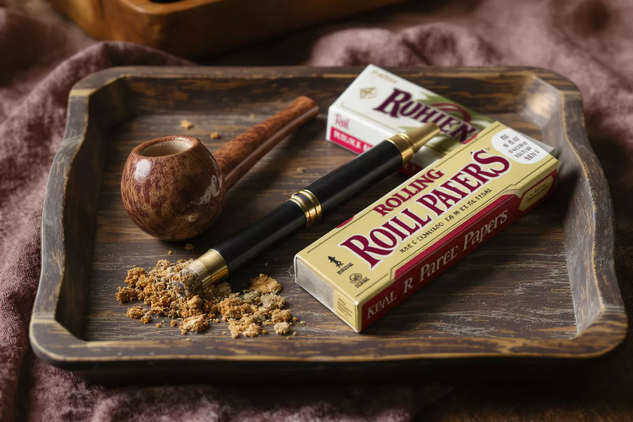 Tobacco Pipe and Rolling Papers A wooden pipe, rolling papers, and a tamper on a rustic wooden tray.