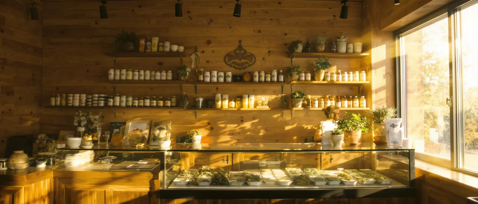 Rustic shop interior with wooden walls, shelves of products, and sunlight streaming through a window.