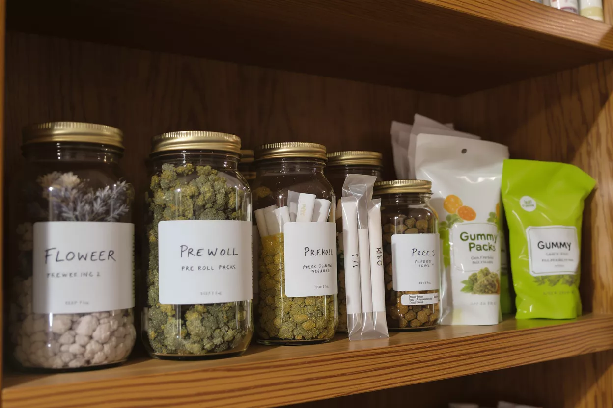Various cannabis products including flower, pre-rolls, and gummies on a wooden shelf.