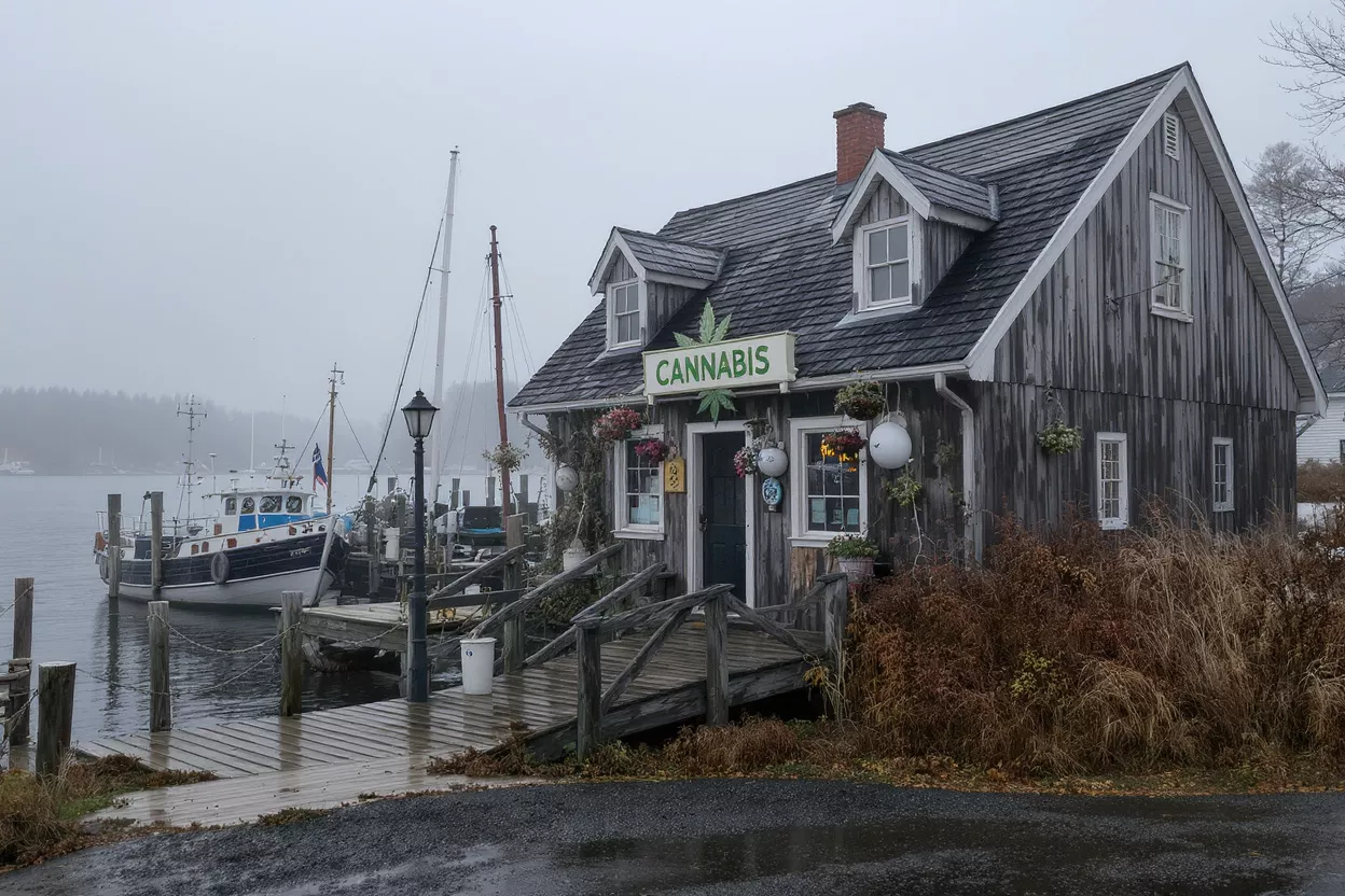 A rustic cannabis dispensary by the water on a foggy day.