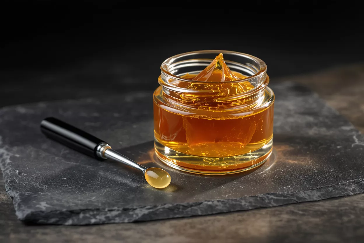A glass jar of golden cannabis concentrate with a dab tool on a slate surface.