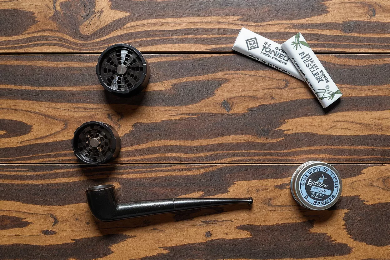 Black pipe, grinders, filters, and tin on a rustic wooden background.