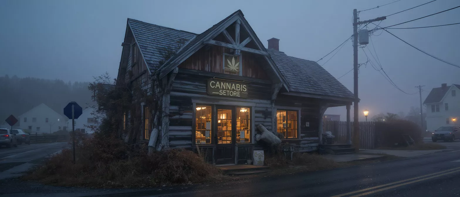 A rustic cannabis store with glowing windows on a foggy, dark evening.