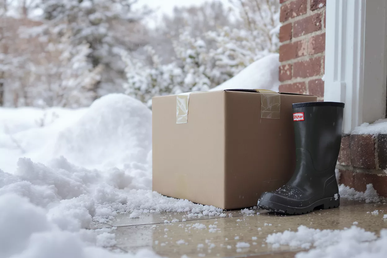 Cardboard package and green rubber boot on snowy porch, winter background.