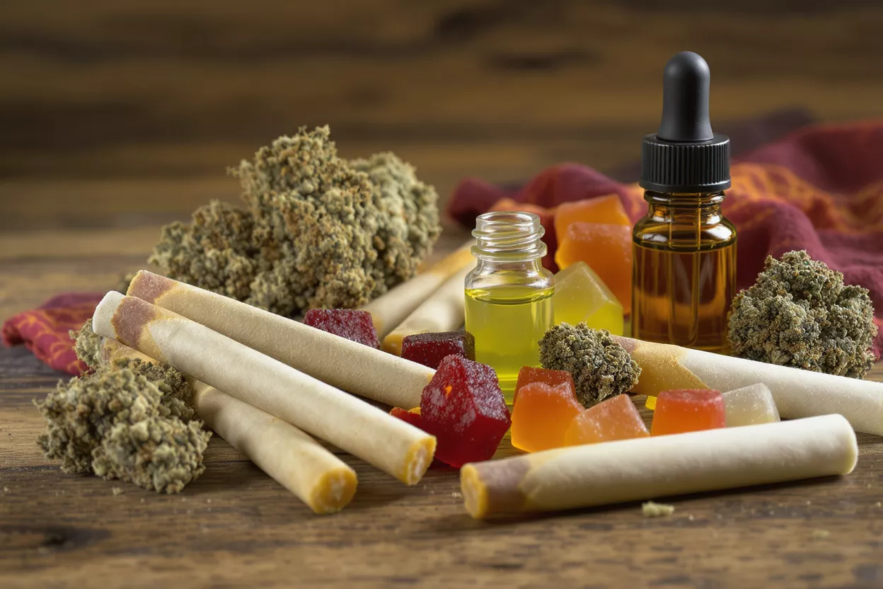 Cannabis flower, pre-rolls, gummies, and oils on a wooden surface.