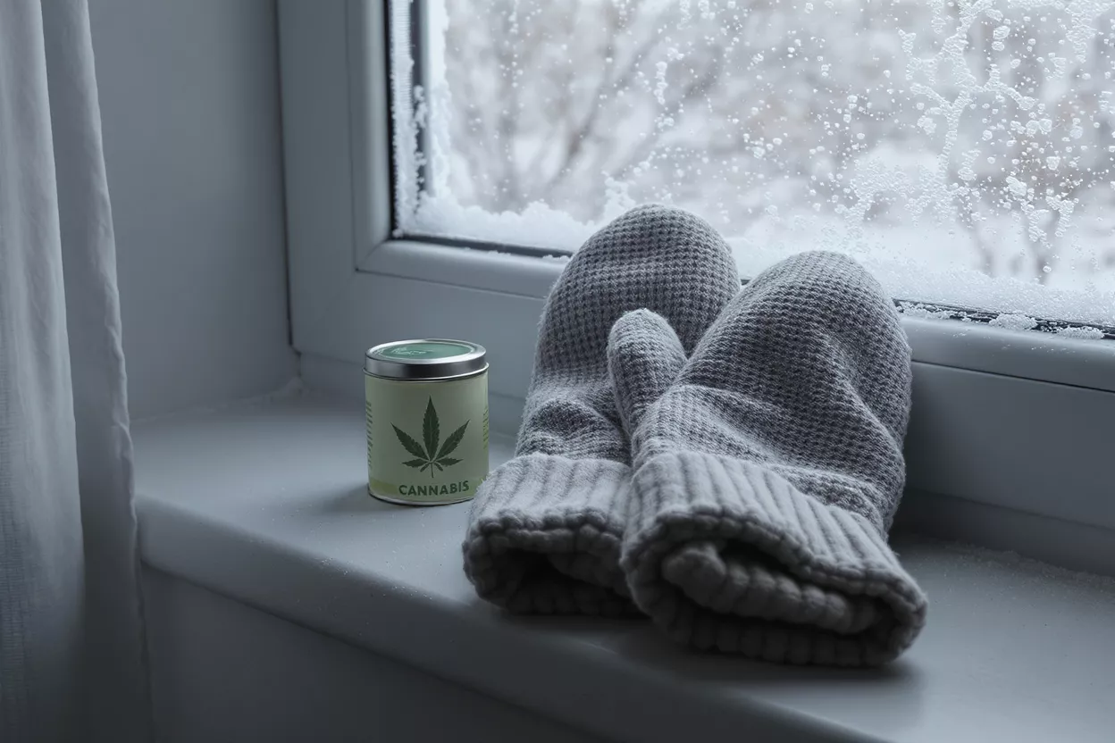 Cannabis tin and mittens on a snowy windowsill, cozy winter scene.
