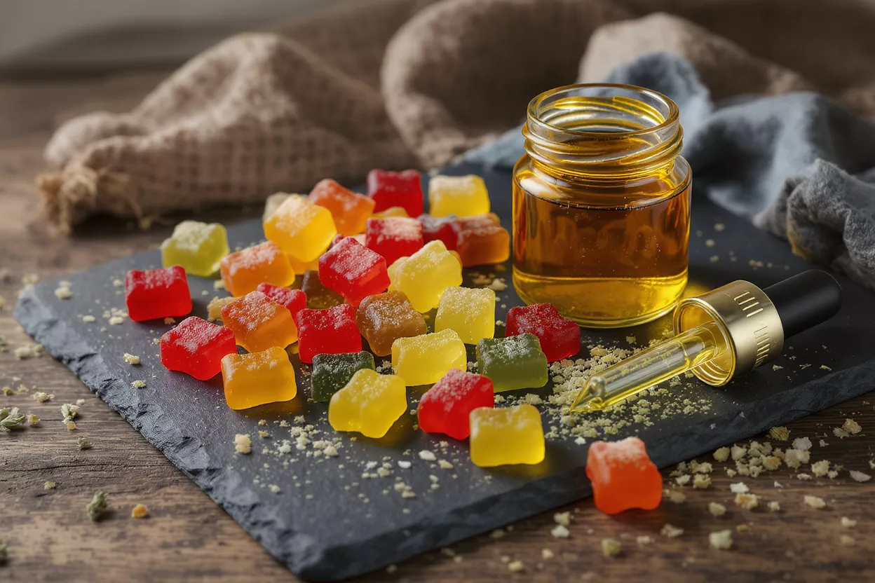 Colorful CBD gummies, a jar of CBD oil, and a dropper on a slate board.