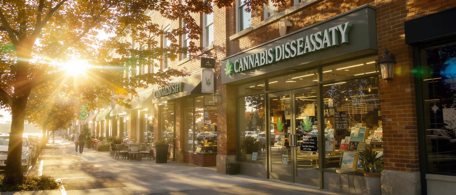 Cannabis dispensary on a brick building with sun shining through autumn trees.