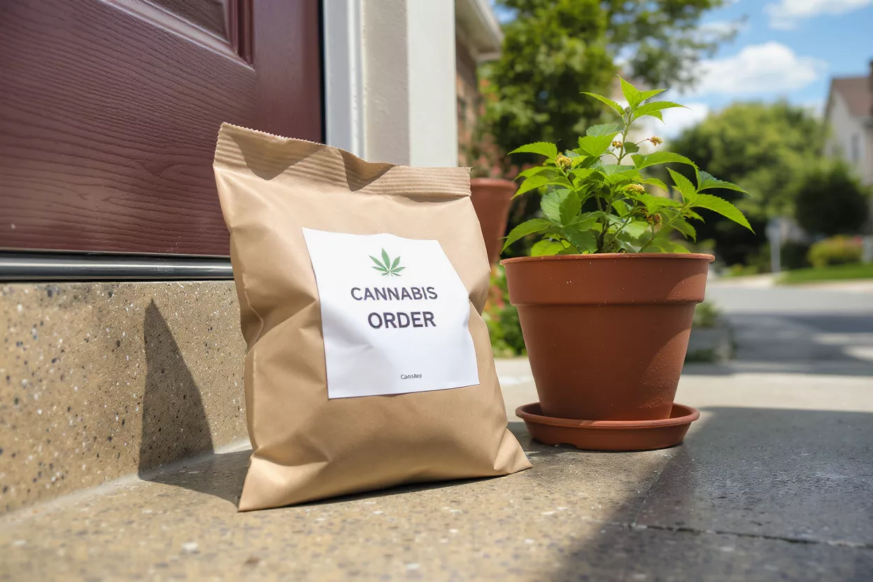 Cannabis Delivery at Doorstep Brown paper bag labeled "Cannabis Order" on a doorstep next to a potted plant.