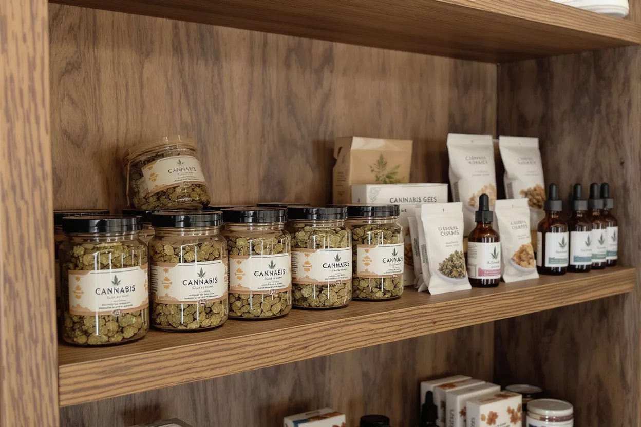 Cannabis Products on Wooden Shelf Various cannabis products, including jars of flower, edibles, and tinctures, on a wooden shelf.