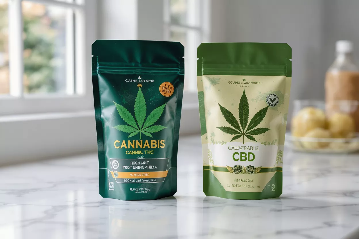 Cannabis and CBD Product Pouches Two stand-up pouches, one green for Cannabis THC, one light green for CBD.