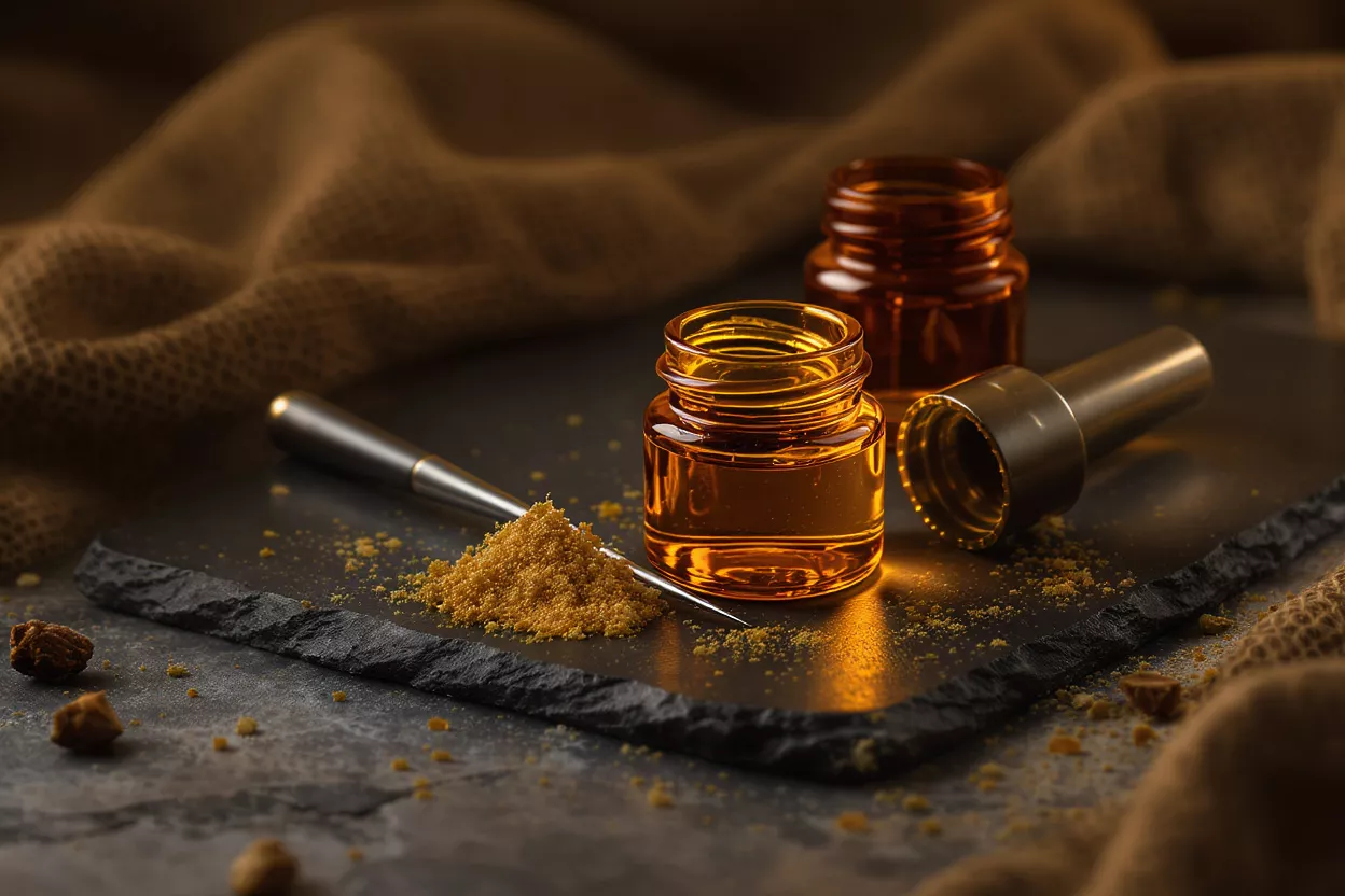 Amber Oil Jars and Powder Two amber jars, one with oil, next to a pile of yellow powder on a slate board.